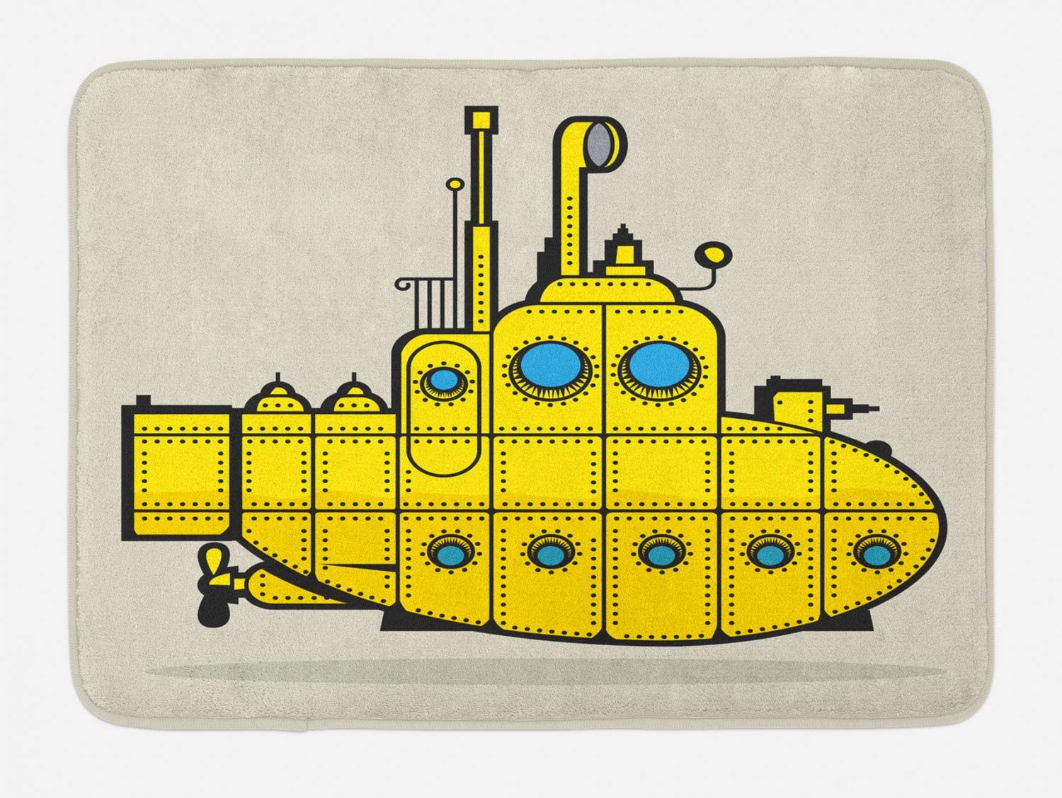Yellow Submarine Bath Mat, Retro Grunge Marine Vessel Industrial Nautical Ocean Theme, Plush Bathroom Decor Mat with Non Slip Backing, 29.5" X 17.5", Blue Gray