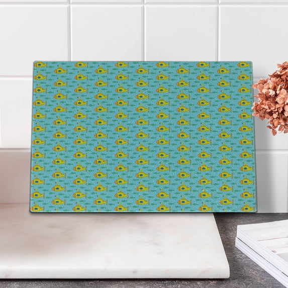 Yellow Submarine Cutting Board, Aqua Pattern with Little Fish Fun Nautical Porthole Periscope Ocean Theme, Decorative Tempered Glass Cutting and Serving Board, Small Size, Aqua Yellow, by Ambesonne