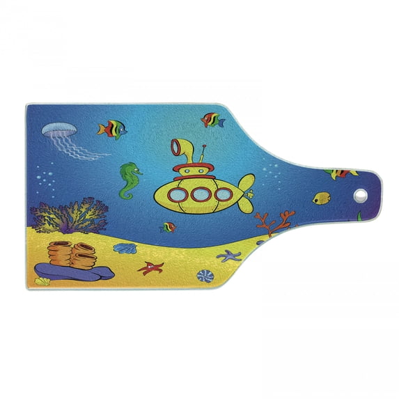 Yellow Submarine Cutting Board, Nautical Colorful Fish Underwater Jellyfish Seahorse Shells Starfish, Decorative Tempered Glass Cutting and Serving Board, Wine Bottle Shape, Blue Yellow, by Ambesonne