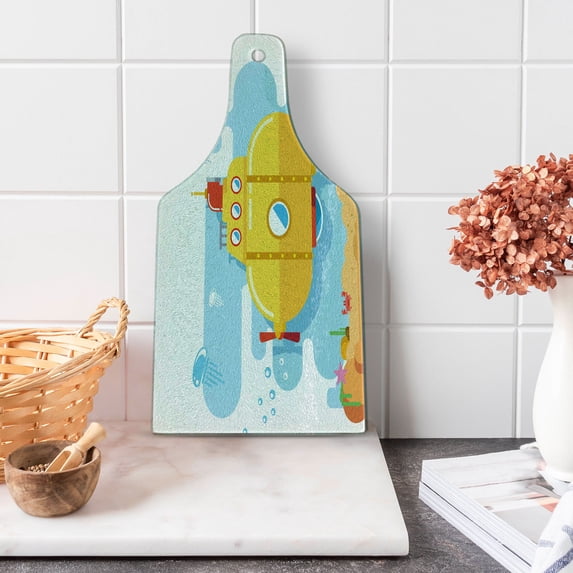 Yellow Submarine Cutting Board, Submarine Underwater Illustration Crab and Starfish Animal Print, Tempered Glass Cutting and Serving Board, Wine Bottle Shape, Blue Earth Yellow, by Ambesonne