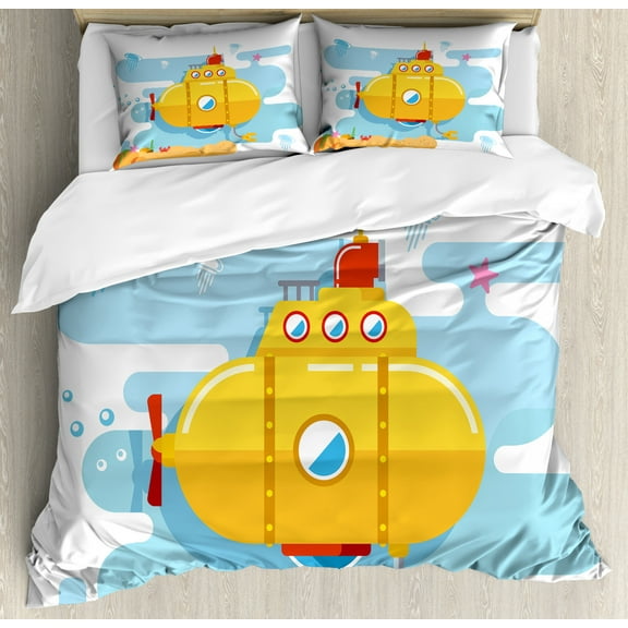 Yellow Submarine Duvet Cover Set, Submarine Underwater Illustration Crab and Starfish Animal Print, Decorative 3 Piece Bedding Set with 2 Pillow Shams, Queen Size, Blue Earth Yellow, by Ambesonne