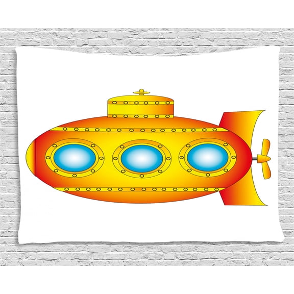 Yellow Submarine Decor Tapestry, Sea Theme a Submarine on White Background Illustration Print, Wall Hanging for Bedroom Living Room Dorm Decor, 80W X 60L Inches, Orange Yellow, by Ambesonne