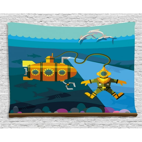 Yellow Submarine Decor Tapestry, A Submarine and a Diver Jumping Dolphins Illustration Print, Wall Hanging for Bedroom Living Room Dorm Decor, 60W X 40L Inches, Petrol Blue Ginger, by Ambesonne