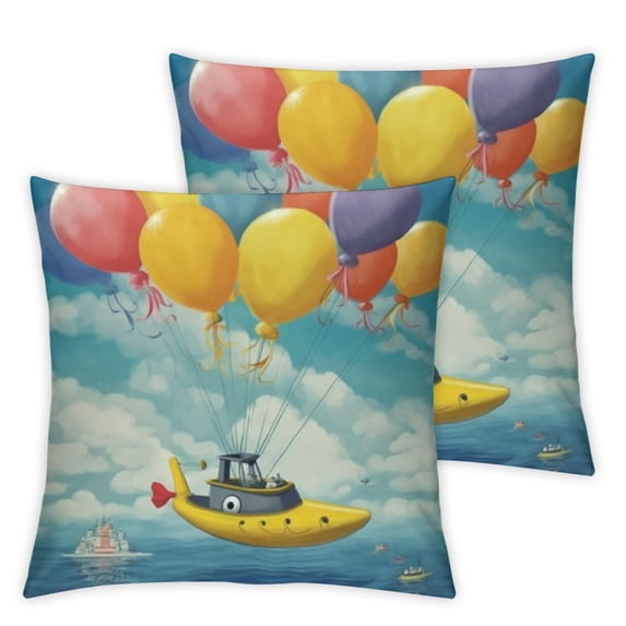 Yellow Submarine Decorative Throw Pillow Case , Blue Sky with Colorful Balloons Seagulls Clouds Birds Art, Cushion Cover for Couch Living Room Multicolor