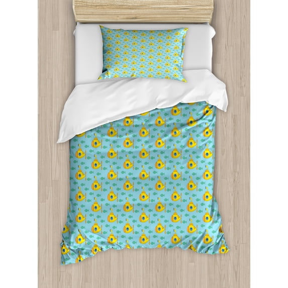 Yellow Submarine Duvet Cover Set, Aqua Pattern with Little Fish Fun Nautical Porthole Periscope Ocean Theme, Decorative 2 Piece Bedding Set with 1 Pillow Shams, Twin Size, Aqua Yellow, by Ambesonne