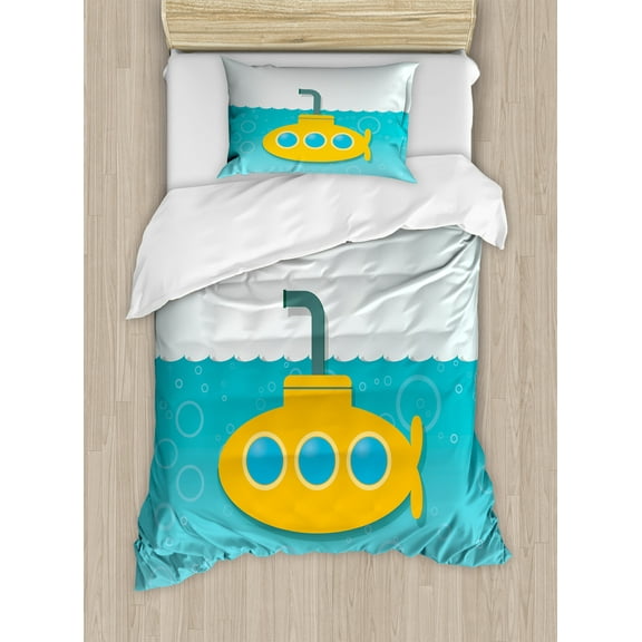 Yellow Submarine Duvet Cover Set, Illustration of Submarine with Bubbles Below the Sea Pattern, Decorative 2 Piece Bedding Set with 1 Pillow Shams, Twin Size, Earth Yellow Pale Blue, by Ambesonne