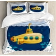 thumbnail image 1 of Yellow Submarine Duvet Cover Set, Illustration of a Submarine Under the Sea Fish and Clouds, Decorative 3 Piece Bedding Set with 2 Pillow Shams, King Size, Earth Yellow Navy Blue, by Ambesonne, 1 of 3