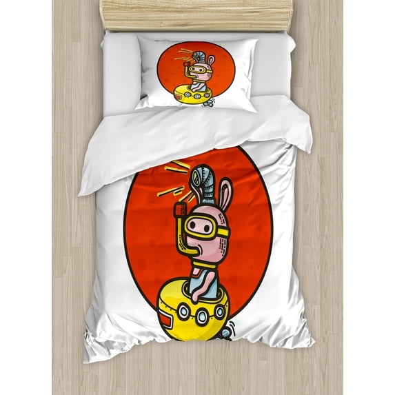 Yellow Submarine Duvet Cover Set, Little Alien Cartoon in Spaceship Periscope over Moon Planet, Decorative 2 Piece Bedding Set with 1 Pillow Shams, Twin Size, White Red, by Ambesonne