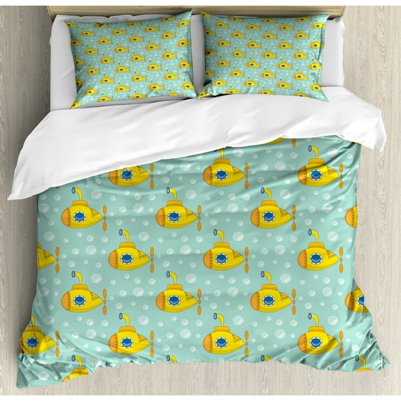 Yellow Submarine Duvet Cover Set, Nautical Design Illustration of a Submarine and Bubbles, Decorative 3 Piece Bedding Set with 2 Pillow Shams, Queen Size, Seafoam and Earth Yellow, by Ambesonne
