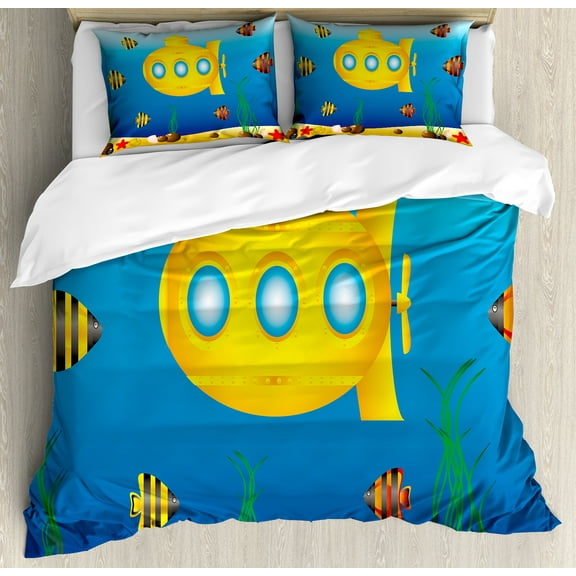 Yellow Submarine Duvet Cover Set, Nautical Theme a Submarine Surrounded by Fish and Sea Grass Print, Decorative 3 Piece Bedding Set with 2 Pillow Shams, Calking Size, Blue and Yellow, by Ambesonne