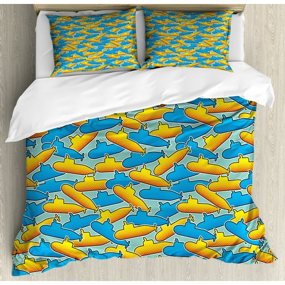 Yellow Submarine Duvet Cover Set, Pop Art Style Retro Underwater Theme Classical Submarine Design Print, Decorative 3 Piece Bedding Set with 2 Pillow Shams, King Size, Yellow and Blue, by Ambesonne