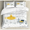thumbnail image 1 of Yellow Submarine Duvet Cover Set, Submarine Fish and a Treasure Chest on the Sea Bottom Print, Decorative 3 Piece Bedding Set with 2 Pillow Shams, Queen Size, White and Earth Yellow, by Ambesonne, 1 of 3