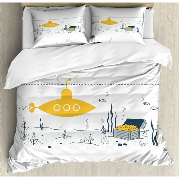 Yellow Submarine Duvet Cover Set, Submarine Fish and a Treasure Chest on the Sea Bottom Print, Decorative 3 Piece Bedding Set with 2 Pillow Shams, Queen Size, White and Earth Yellow, by Ambesonne