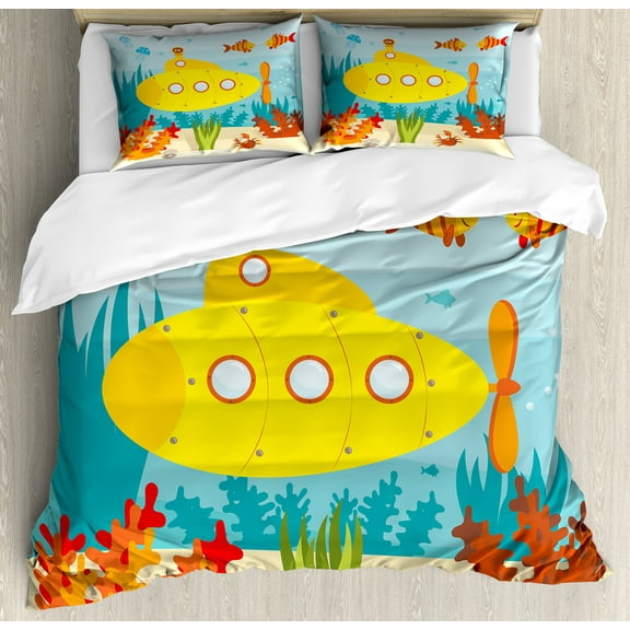 Yellow Submarine Duvet Cover Set, Sea Life Theme Vehicle Fish and a Crab Illustration Print, Decorative 3 Piece Bedding Set with 2 Pillow Shams, Calking Size, Yellow Pale Blue, by Ambesonne