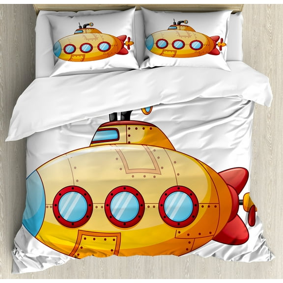 Yellow Submarine Duvet Cover Set, Sea Theme Design in Cartoon Style Illustration of a Submarine Print, Decorative 3 Piece Bedding Set with 2 Pillow Shams, Calking Size, Orange and Yellow, by Ambesonne
