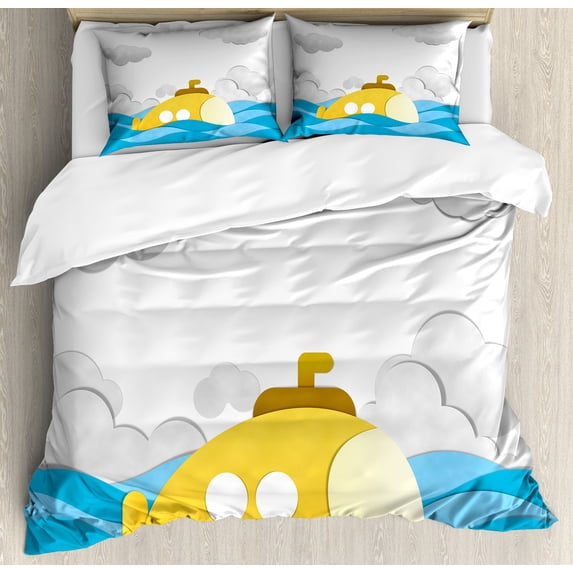 Yellow Submarine Duvet Cover Set, Submarine over the Wavy Sea and the Clouds in the Sky Image Print, Decorative 3 Piece Bedding Set with 2 Pillow Shams, Queen Size, Mustard and Blue, by Ambesonne