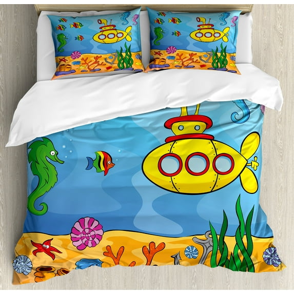 Yellow Submarine Duvet Cover Set, Underwater Theme Vehicle Seahorse Starfish and Fish Print, Decorative 3 Piece Bedding Set with 2 Pillow Shams, Calking Size, Marigold and Aqua, by Ambesonne