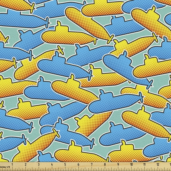 Ambesonne Yellow Submarine Fabric by the Yard Upholstery, Pop Art Style, 5 Yards, Yellow and Blue