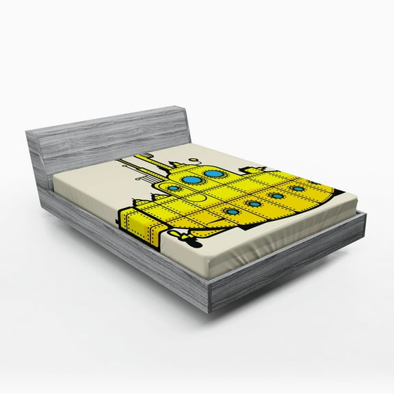 Yellow Submarine Fitted Sheet, Retro Grunge Marine Vessel Industrial Nautical Ocean Theme, Soft Decorative Fabric Bedding, Queen Size, Grey Yellow Blue, by Ambesonne