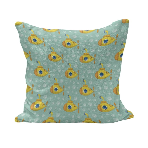 Yellow Submarine Fluffy Throw Pillow Cushion Cover, Nautical Design Illustration of a Submarine and Bubbles, Decorative Square Accent Pillow Case, 16" x 16", Seafoam and Earth Yellow, by Ambesonne