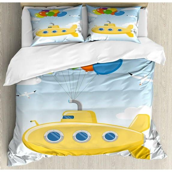 Yellow Submarine King Size Duvet Cover Set, Blue Sky with Colorful Balloons Seagulls Clouds Nursery Kids Birds Art, Decorative 3 Piece Bedding Set with 2 Pillow Shams, Multi Color, by Ambesonne