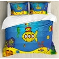 thumbnail image 1 of Yellow Submarine Queen Size Duvet Cover Set, Nautical Kids Colorful Fish Underwater Jellyfish Seahorse Shells Starfish, Decorative 3 Piece Bedding Set with 2 Pillow Shams, Blue Yellow, by Ambesonne, 1 of 3