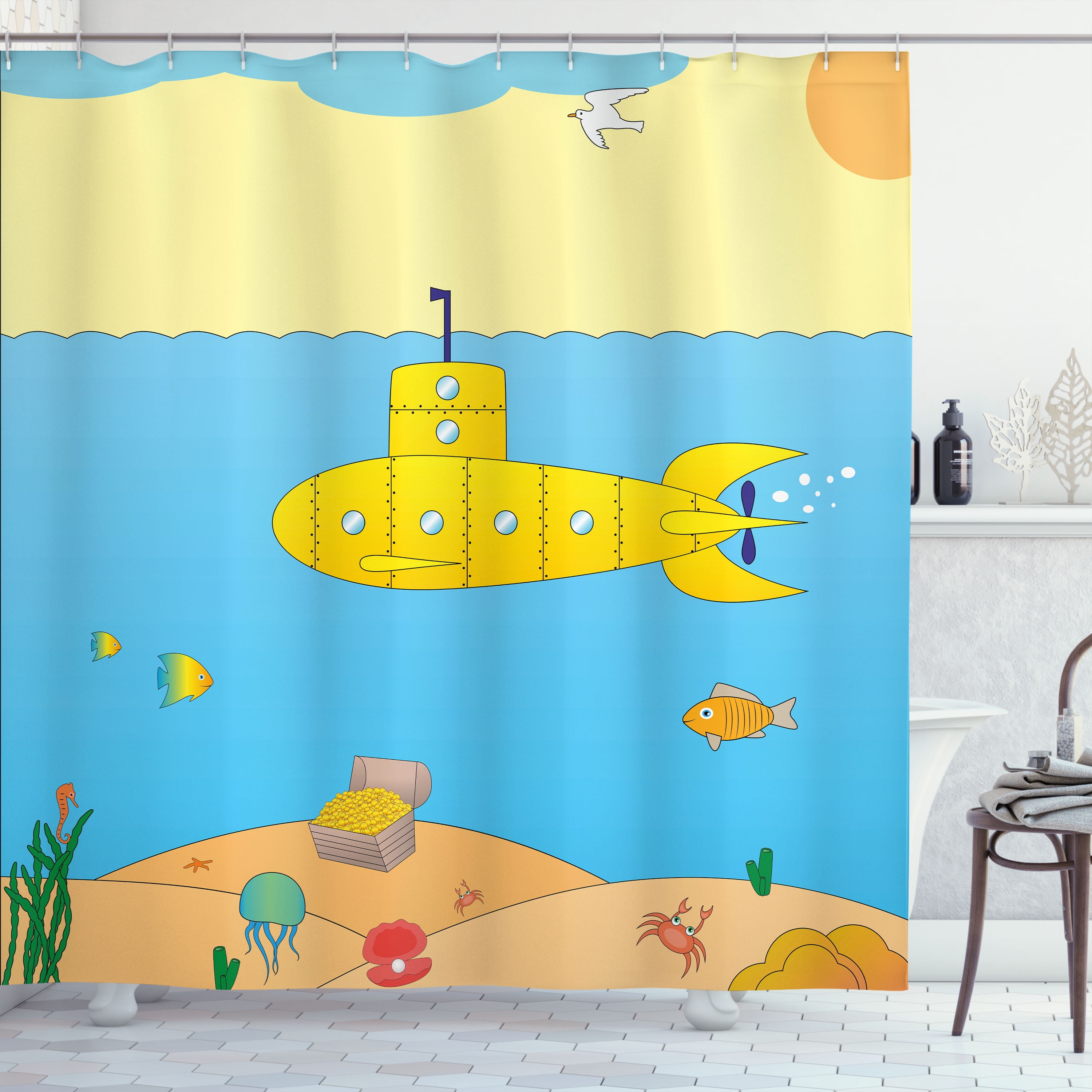 Yellow Submarine Shower Curtain, Cartoon Under Sea Adventure Jellyfish