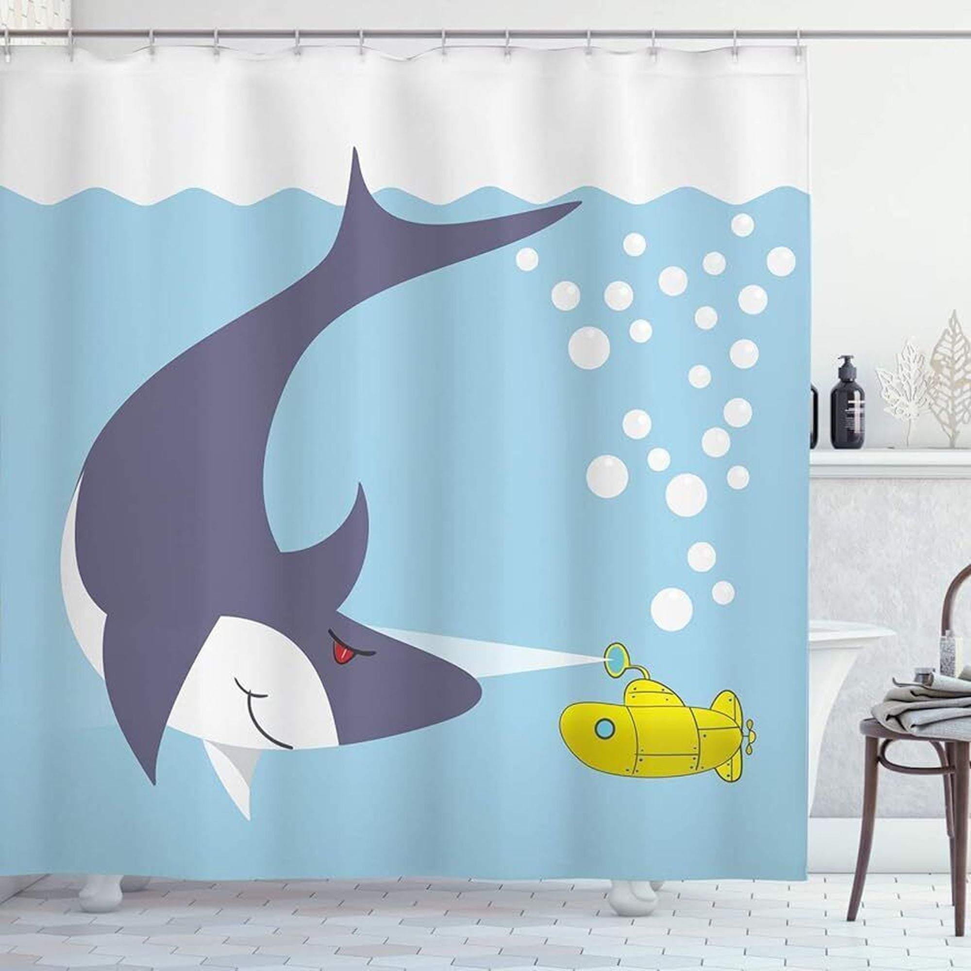 Yellow Submarine Shower Curtain Sea Theme Animals Cartoon Blue Grey