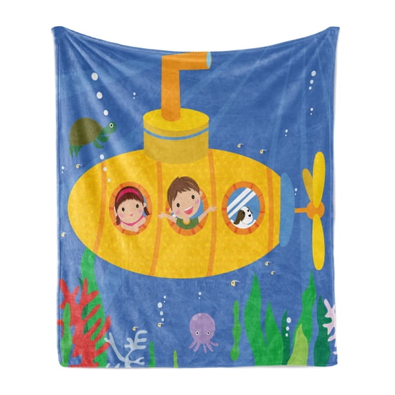 Yellow Submarine Soft Flannel Fleece Blanket, Boy and Girl Children with Dog in Submarine Colorful Cartoon Illustration, Cozy Plush for Indoor and Outdoor Use, 50" x 70", Multicolor, by Ambesonne
