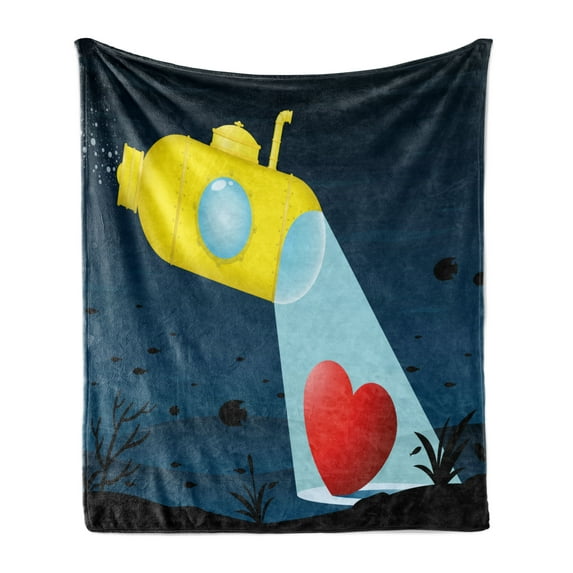 Yellow Submarine Soft Flannel Fleece Blanket, Illustration of a Underwater Submarine Finding a Heart Romance Image, Cozy Plush for Indoor and Outdoor Use, 70" x 90", Yellow Dark Blue, by Ambesonne