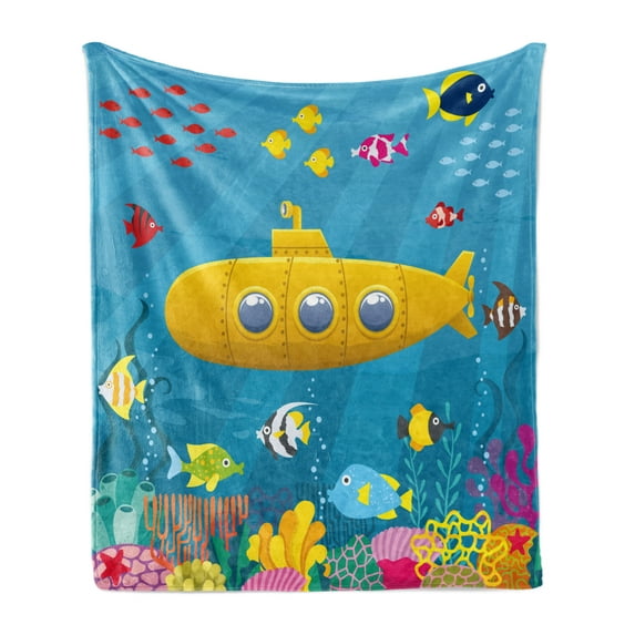 Yellow Submarine Soft Flannel Fleece Throw Blanket, Coral Reef Colorful Fish Ocean Life Marine Creatures Tropic Kid, Cozy Plush for Indoor and Outdoor Use, 50" x 60", Blue Yellow Pink, by Ambesonne
