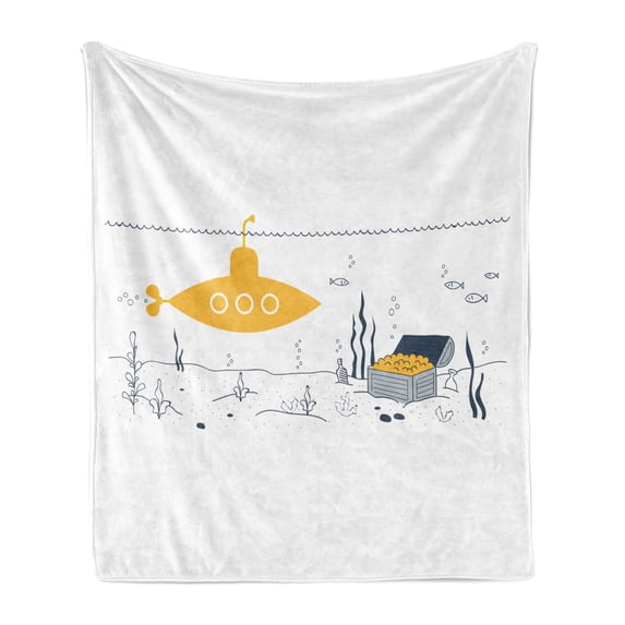 Yellow Submarine Soft Flannel Fleece Throw Blanket, Submarine Fish and a Treasure Chest on the Sea Bottom Print, Cozy Plush for Indoor and Outdoor Use, 60" x 80", White and Earth Yellow, by Ambesonne