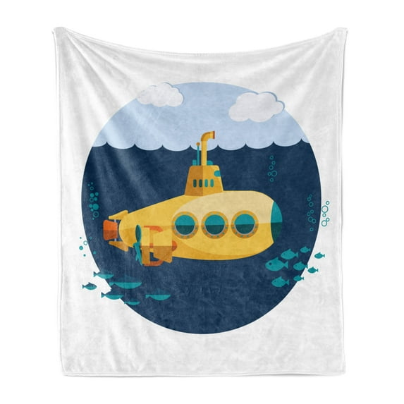Yellow Submarine Soft Flannel Fleece Throw Blanket, Illustration of a Submarine Under the Sea Fish and Clouds, Cozy Plush for Indoor and Outdoor Use, 70" x 90", Earth Yellow Navy Blue, by Ambesonne