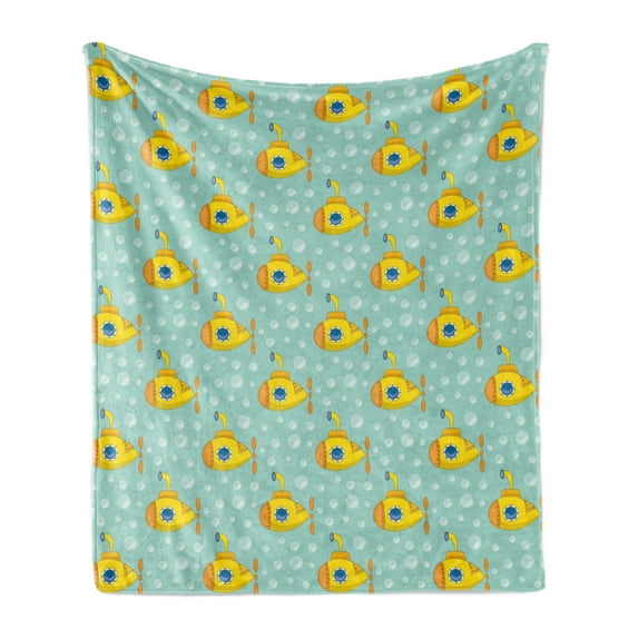 Yellow Submarine Soft Flannel Fleece Throw Blanket, Nautical Design Illustration of a Submarine and Bubbles, Cozy Plush for Indoor and Outdoor Use, 60" x 80", Seafoam and Earth Yellow, by Ambesonne