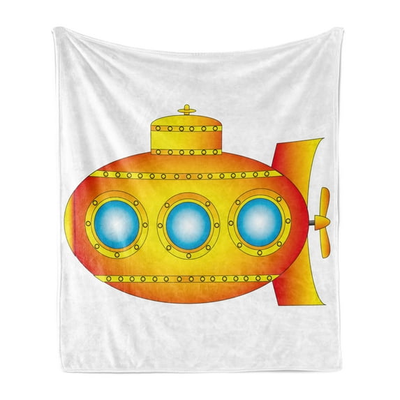Yellow Submarine Soft Flannel Fleece Throw Blanket, Sea Theme a Submarine on the White Background Illustration Print, Cozy Plush for Indoor and Outdoor Use, 50" x 70", Orange and Yellow, by Ambesonne