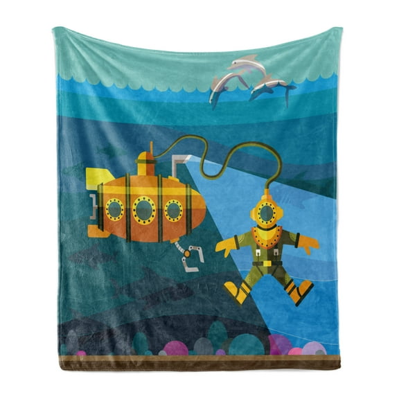 Yellow Submarine Soft Flannel Fleece Throw Blanket, Submarinend Diver Jumping Dolphins Illustration Print, Cozy Plush for Indoor and Outdoor Use, 50" x 60", Petrol Blue and Ginger, by Ambesonne