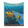 thumbnail image 1 of Yellow Submarine Soft Flannel Fleece Throw Blanket, Submarinend Diver Jumping Dolphins Illustration Print, Cozy Plush for Indoor and Outdoor Use, 50" x 70", Petrol Blue and Ginger, by Ambesonne, 1 of 5