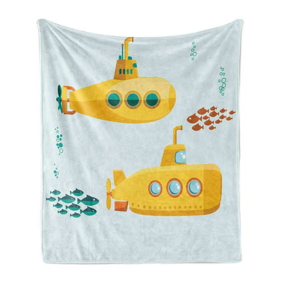 Yellow Submarine Soft Flannel Fleece Throw Blanket, Undersea Periscope with Shoal of Fish, Cozy Plush for Indoor and Outdoor Use, 70" x 90", Yellow Baby Blue, by Ambesonne