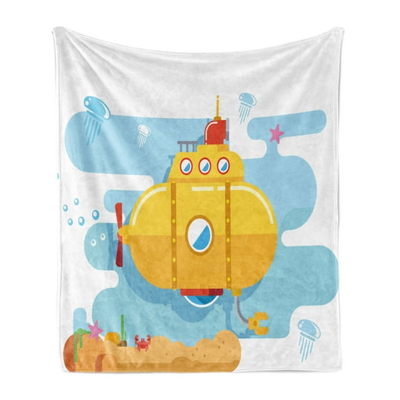 Yellow Submarine Soft Flannel Fleece Throw Blanket, Submarine Underwater Illustration Crab and Starfish Animal Print, Cozy Plush for Indoor and Outdoor Use, 60" x 80", Blue Earth Yellow, by Ambesonne