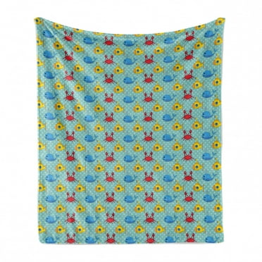Yellow Submarine Soft Flannel Fleece Throw Blanket, Underwater Life Theme Pattern Submarines Whales and Crabs Print, Cozy Plush for Indoor and Outdoor Use, 60" x 80", Aqua and Mustard, by Ambesonne