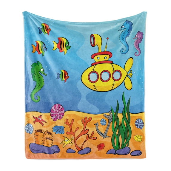 Yellow Submarine Soft Flannel Fleece Throw Blanket, Underwater Theme Vehicle Seahorse Starfish and Fish Print, Cozy Plush for Indoor and Outdoor Use, 50" x 60", Marigold and Aqua, by Ambesonne