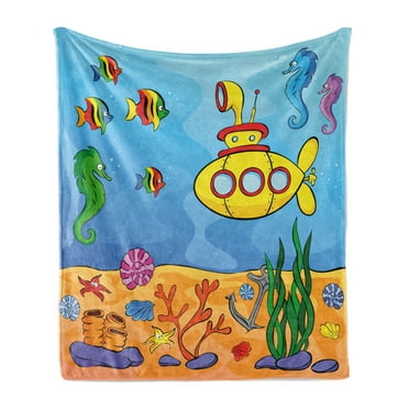 Yellow Submarine Soft Flannel Fleece Throw Blanket, Underwater Theme Vehicle Seahorse Starfish and Fish Print, Cozy Plush for Indoor and Outdoor Use, 70" x 90", Marigold and Aqua, by Ambesonne