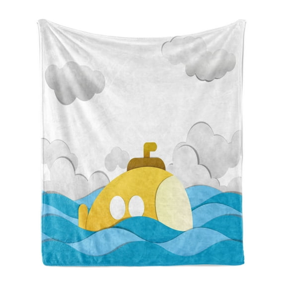 Yellow Submarine Soft Flannel Fleece Throw Blanket, Submarine over the Wavy Sea and the Clouds in the Sky Image Print, Cozy Plush for Indoor and Outdoor Use, 60" x 80", Mustard and Blue, by Ambesonne