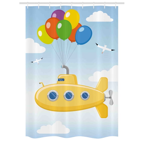 Yellow Submarine Stall Shower Curtain, Blue Sky with Colorful Balloons Seagulls Clouds Nursery Kids Birds Art, Fabric Bathroom Set with Hooks, 54W X 78L Inches, Multi Color, by Ambesonne