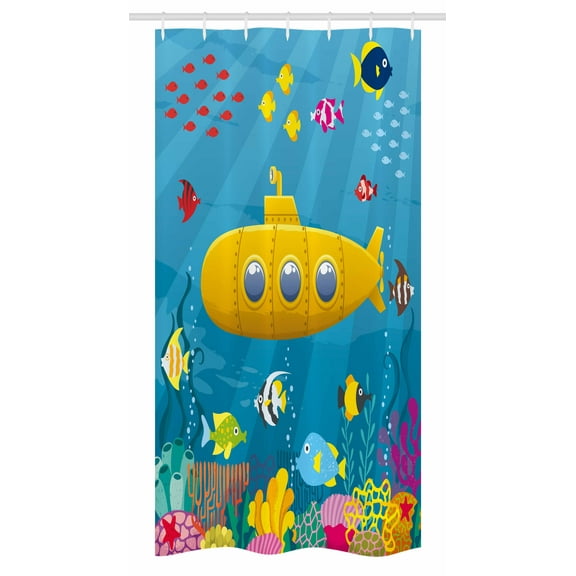 Yellow Submarine Stall Shower Curtain, Coral Reef with Colorful Fish Ocean Life Marine Creatures Tropic Kid, Fabric Bathroom Set with Hooks, 36W X 72L Inches Long, Blue Yellow Pink, by Ambesonne
