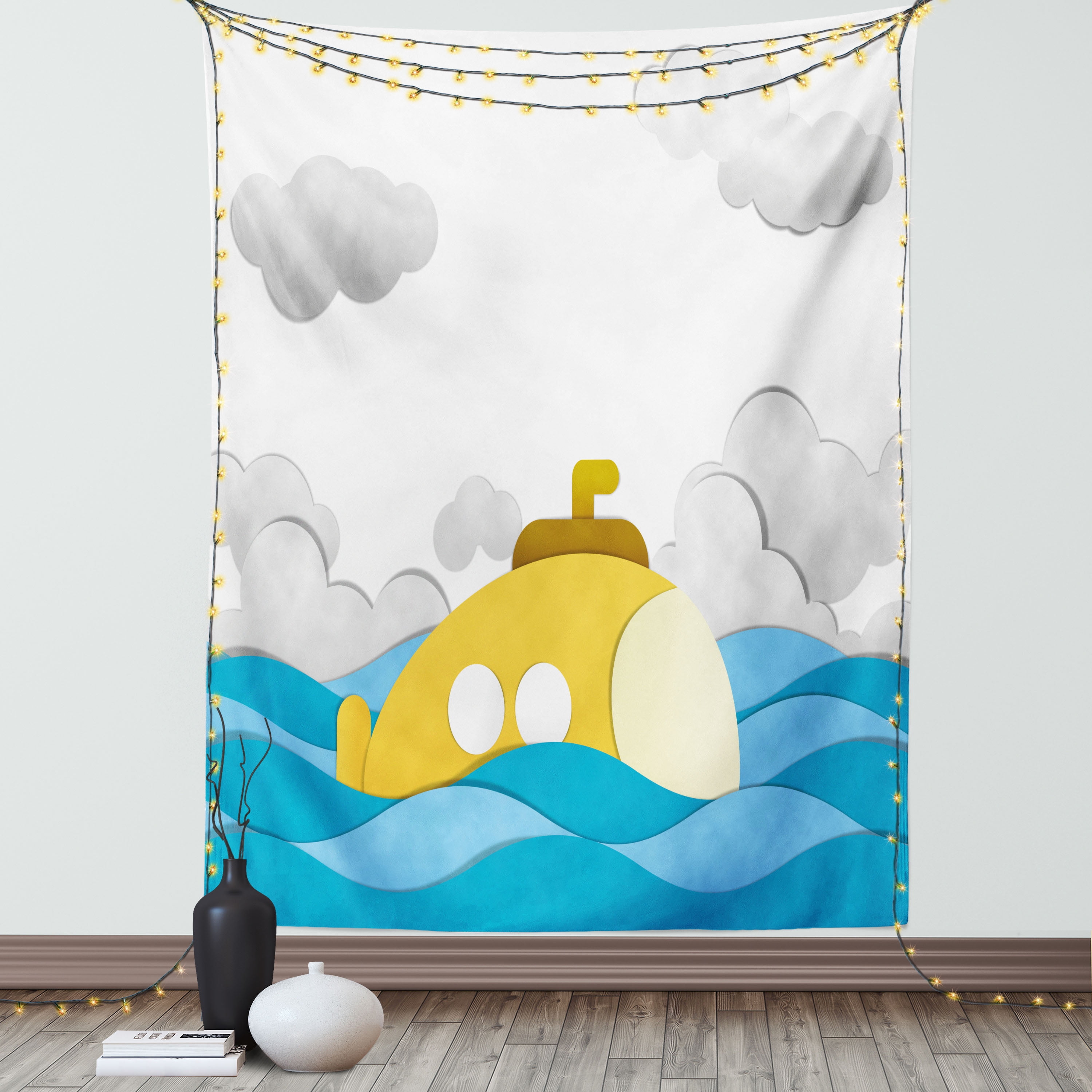 Yellow Submarine Tapestry Submarine over the Wavy Sea and the Clouds in the Sky Image Print Wall Hanging for Bedroom Living Room Dorm Decor 60W X