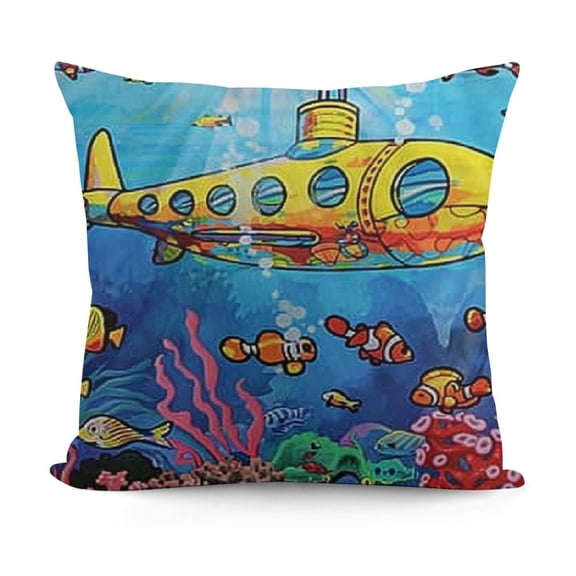 Yellow Submarine Throw Pillow Cushion Cover, Underwater Theme Vehicle Seahorse Starfish and Fish Print, Decorative Square Accent Pillow Case,Marigold Aqua