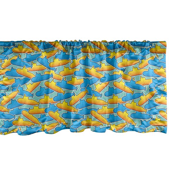 Yellow Submarine Window Valance, Pop Art Style Retro Underwater Theme Classical Submarine Design Print, Curtain Valance for Kitchen Bedroom with Rod Pocket, 54" X 12", Yellow and Blue, by Ambesonne
