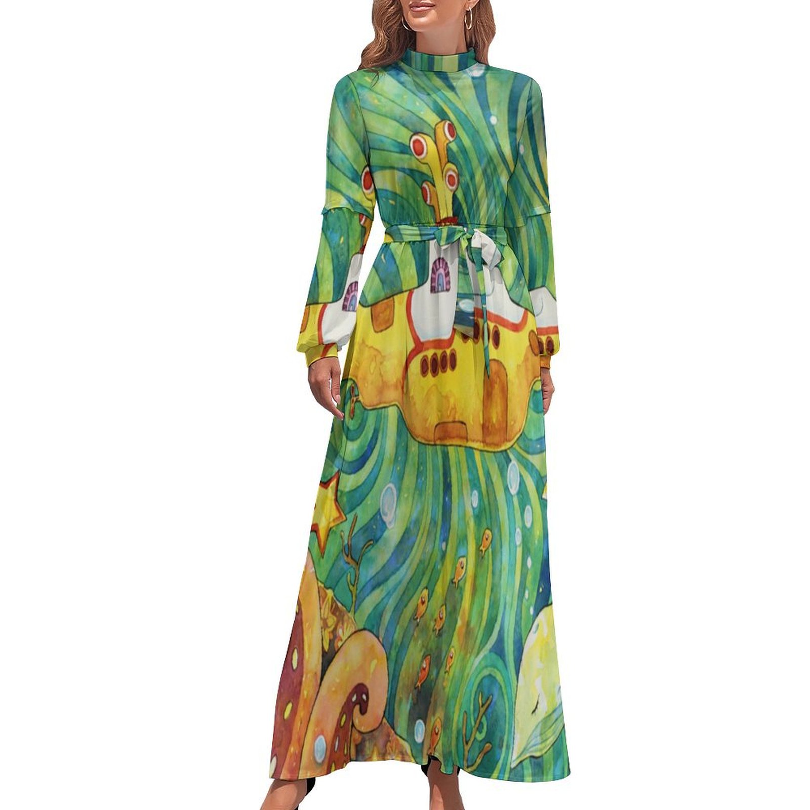 Yellow Submarine Women's Fall Maxi Dress Long Sleeve Turtleneck Flowy ...