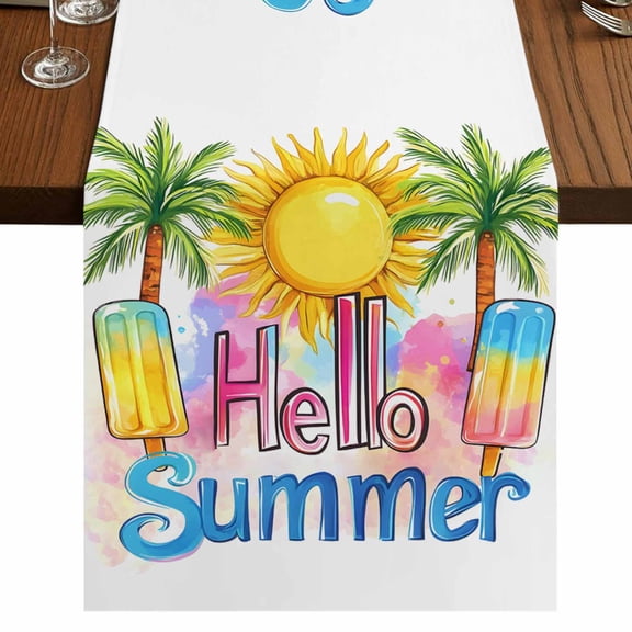 Yellow Summer Botanical 48 Inch Table Runner, Green Palm Trees Farmhouse Dresser Scarf Cotton & Linen Tablerunner for Dining/Kitchen Island/Holiday Party Décor 13" x 48"